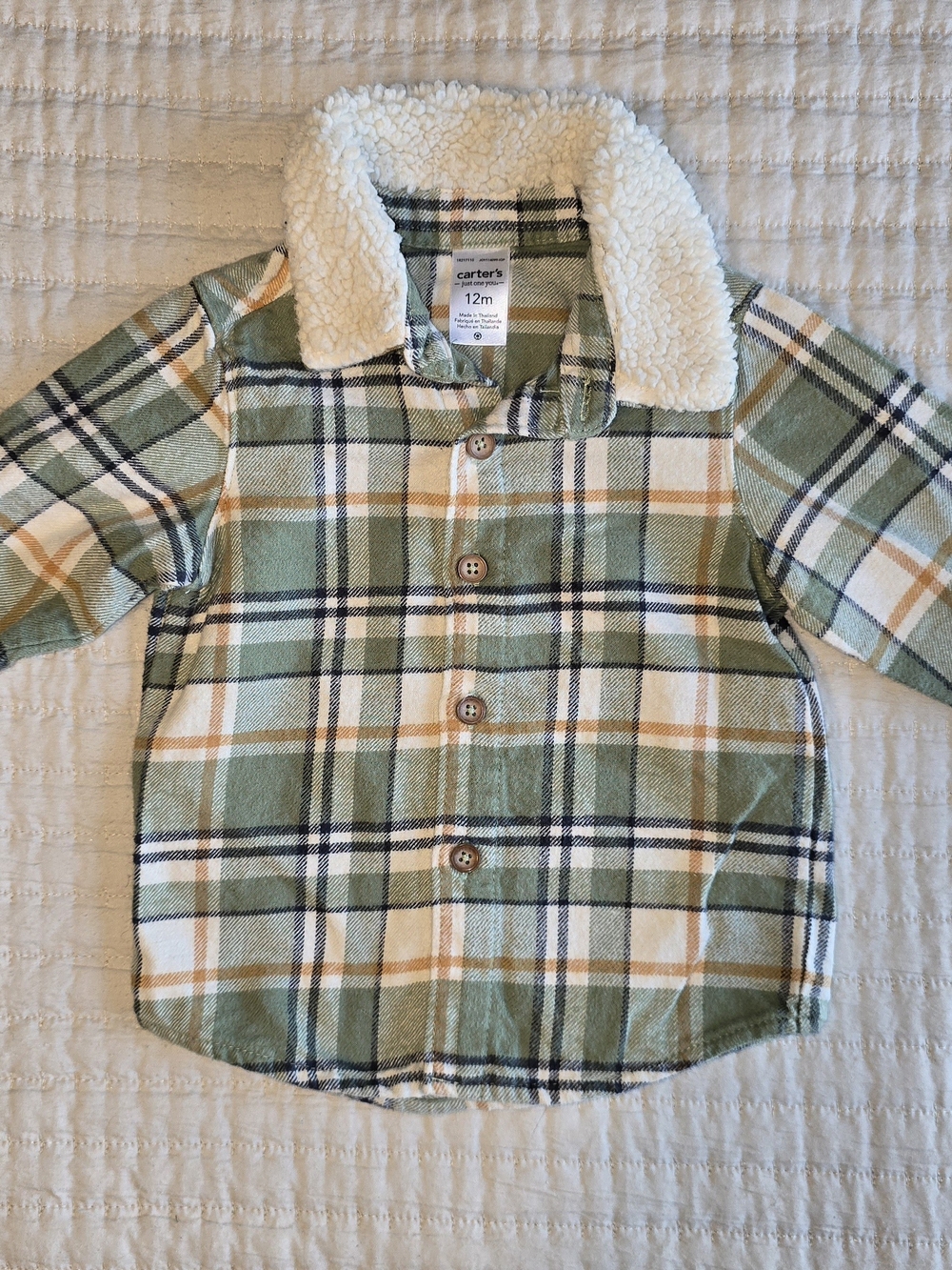 Carter's Plaid Sherpa-Collar Button-Up Jacket - Sage Green, Cream & Navy